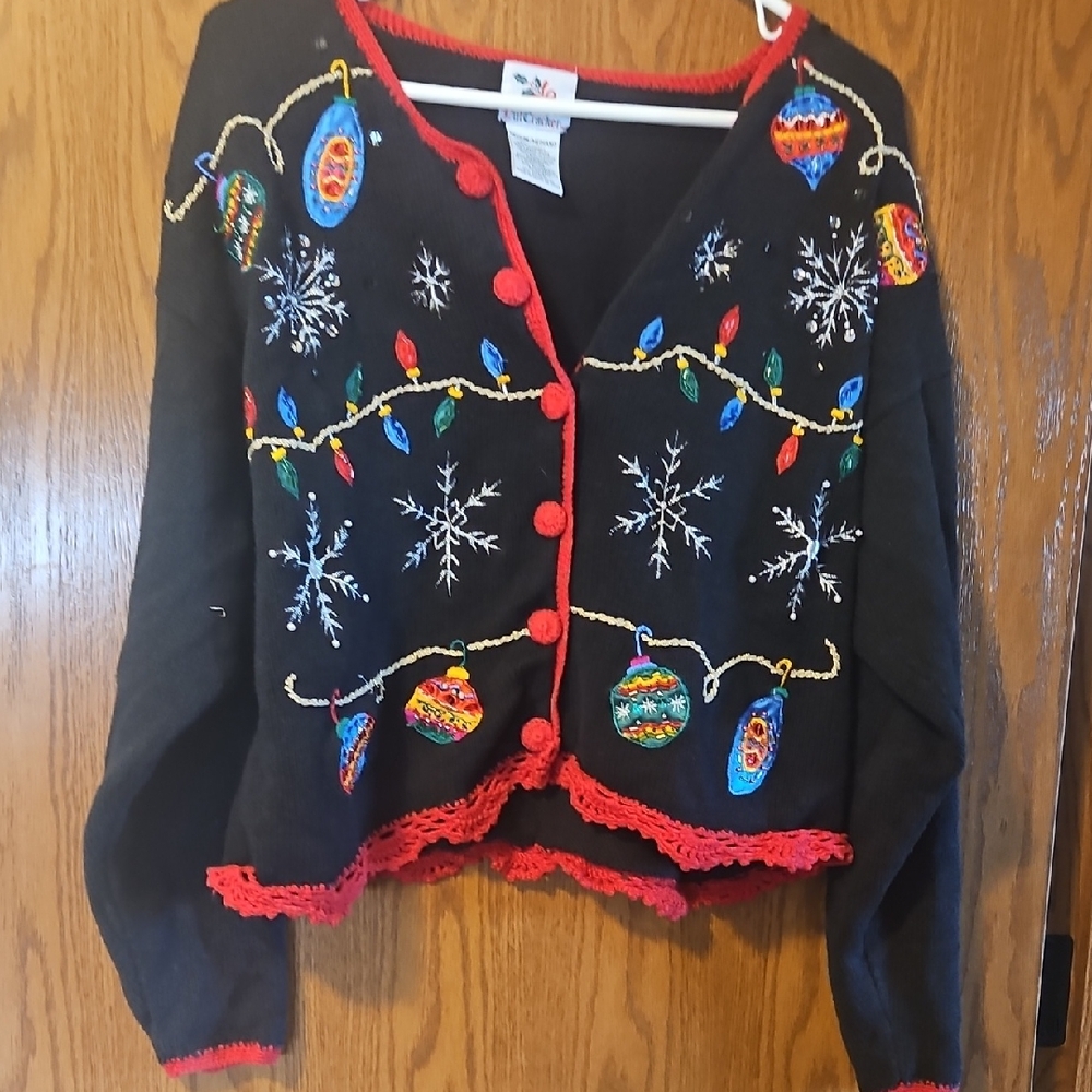 Holiday Black Cardigan with Festive Embroidery
